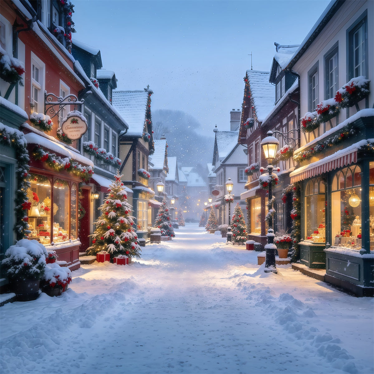 Fond De Village De Noël Rue Européenne Hivernale Enneigée GQ610-23