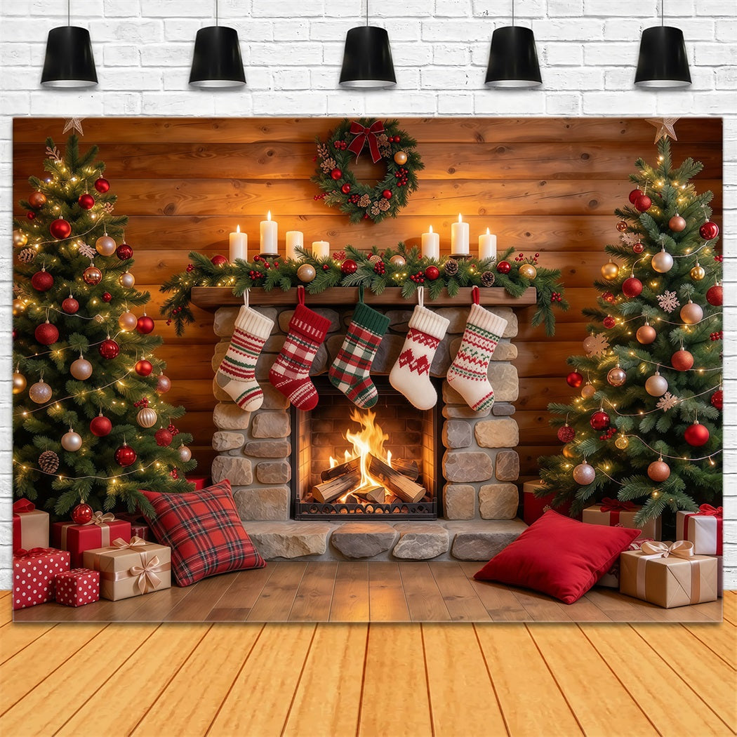 Fond Photo De Noël Cheminée Pierre Rustique Chaussettes GQ610-24