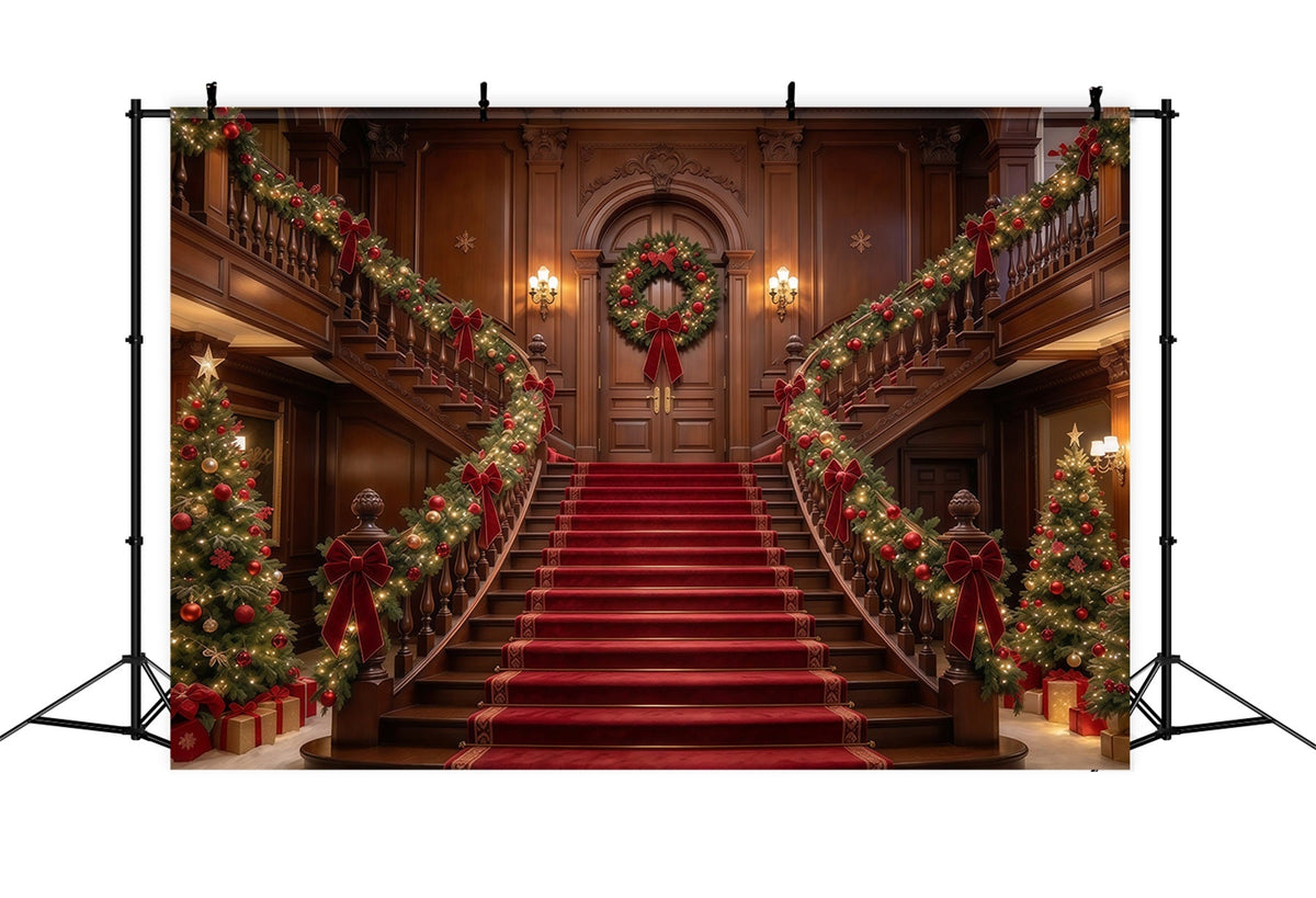 Fond De Noël Grand Escalier Bois Guirlandes GQ610-25