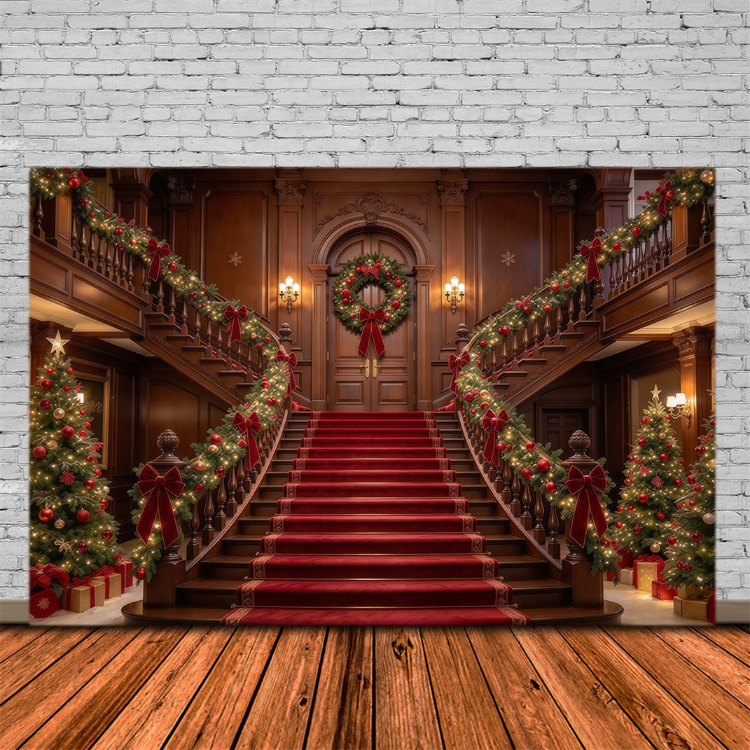 Fond De Noël Grand Escalier Bois Guirlandes GQ610-25