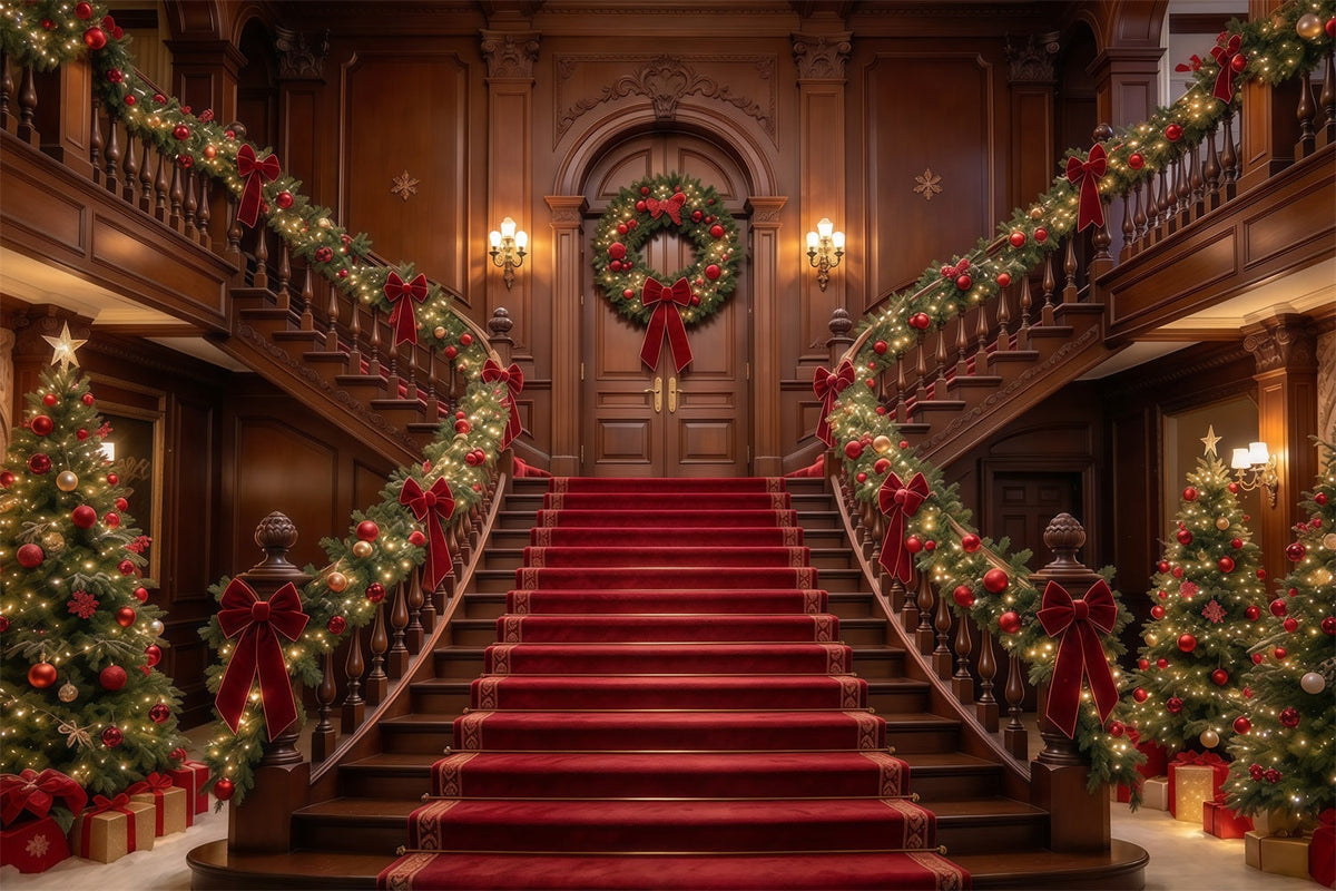 Fond De Noël Grand Escalier Bois Guirlandes GQ610-25
