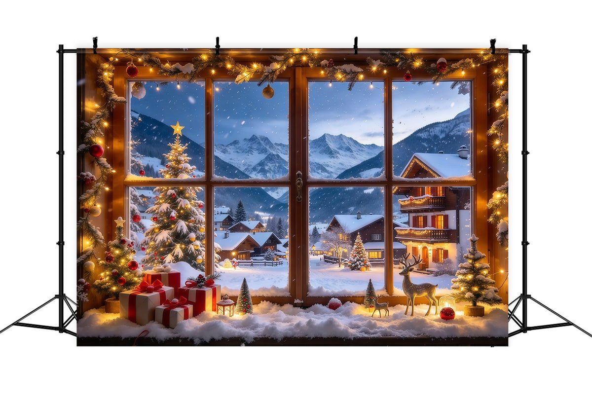 Fond De Noël Hiver Fenêtre Village Alpin Enneigé GQ610-27