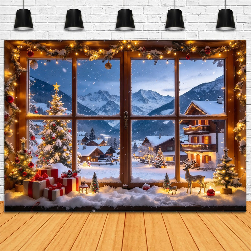Fond De Noël Hiver Fenêtre Village Alpin Enneigé GQ610-27