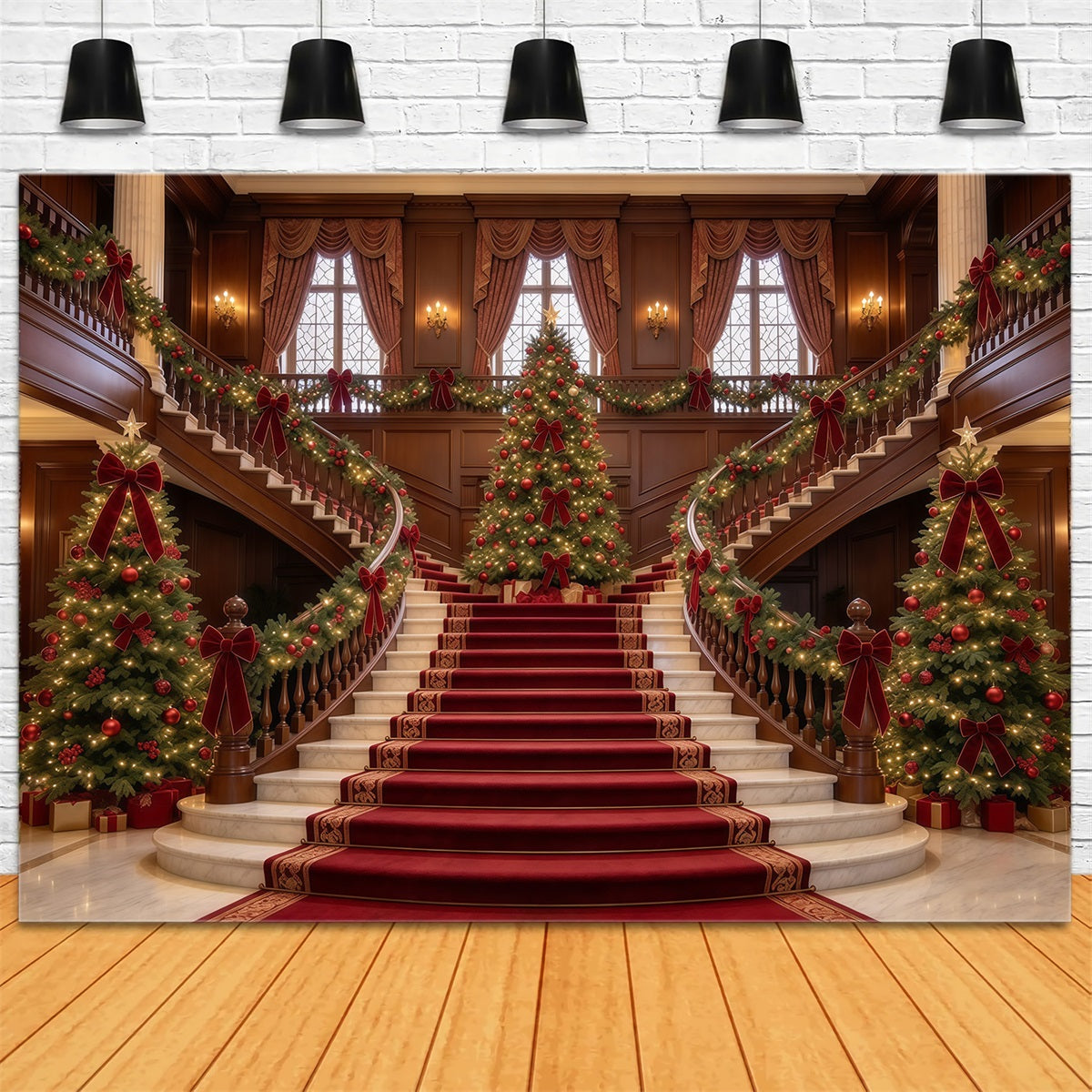 Fond De Noël Salon Escalier Marbre Sapins Élégants GQ610-28