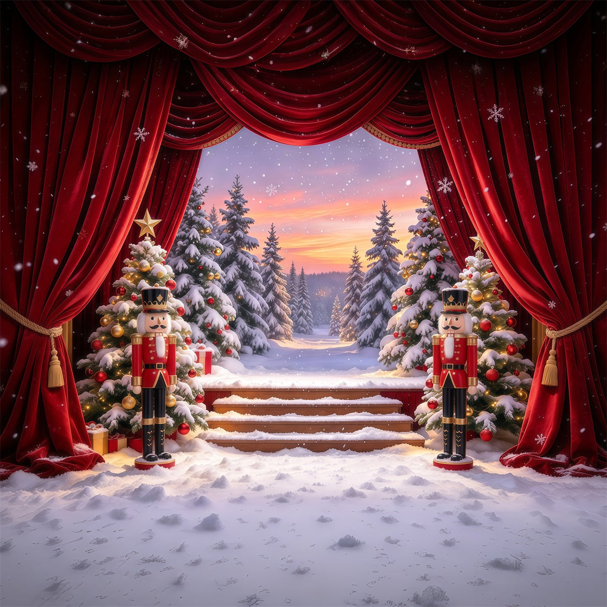 Fond De Noël Rideau Scène Forêt Enneigée Casse-Noisette GQ610-29