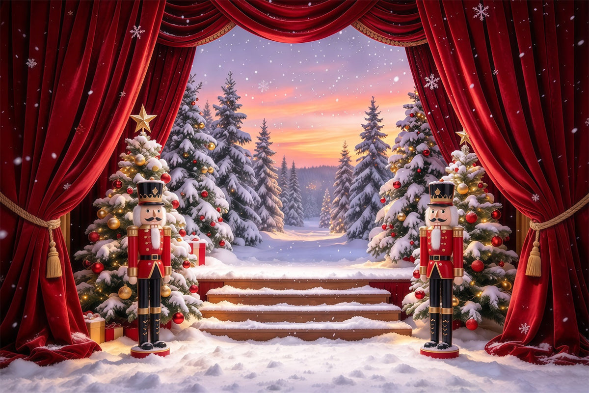 Fond De Noël Rideau Scène Forêt Enneigée Casse-Noisette GQ610-29