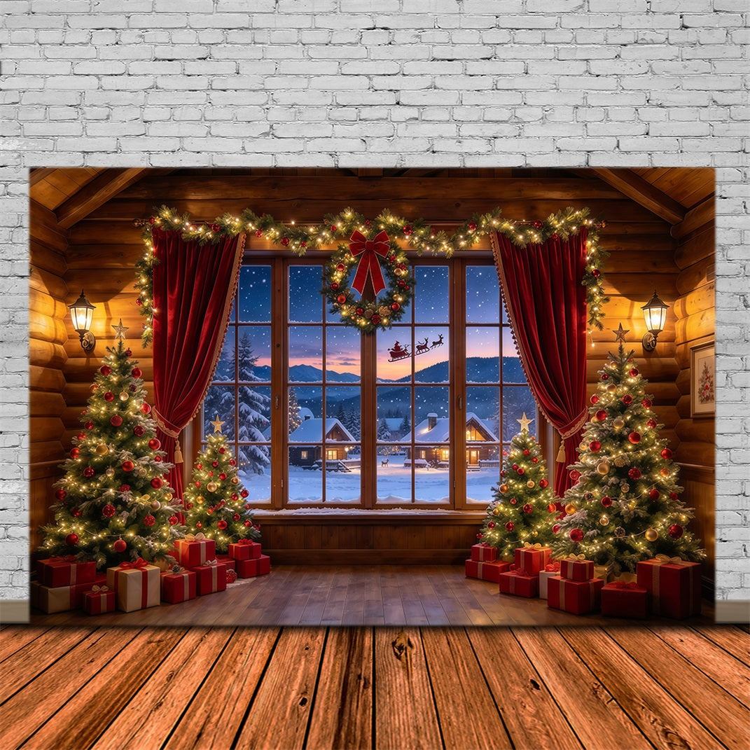 Fond Photo Père Noël Chalet Rustique Fenêtre Traîneau GQ610-3