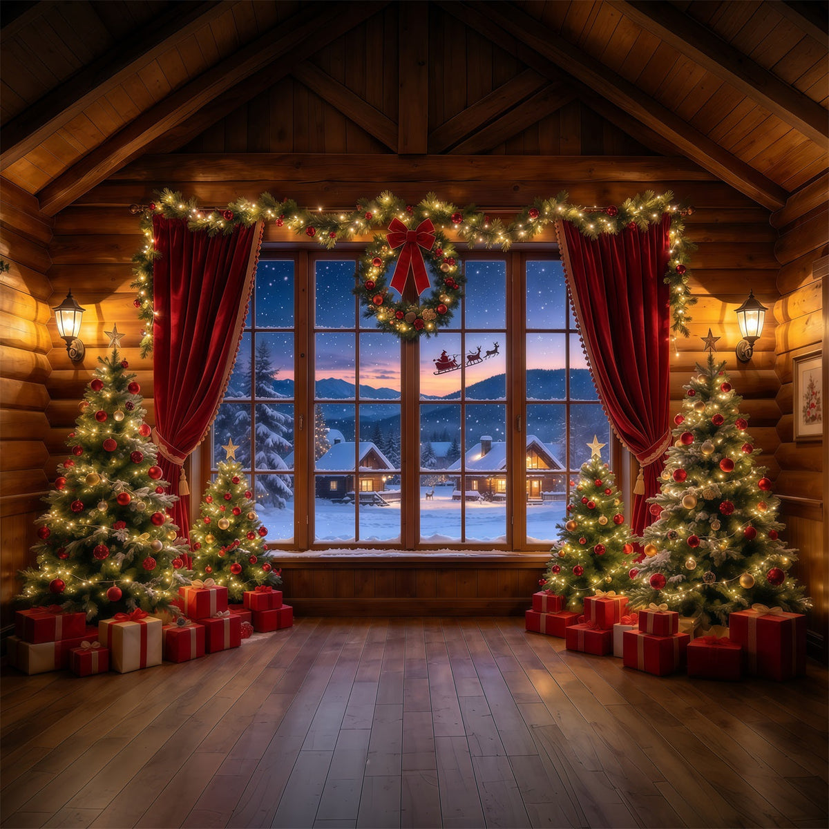 Fond Photo Père Noël Chalet Rustique Fenêtre Traîneau GQ610-3
