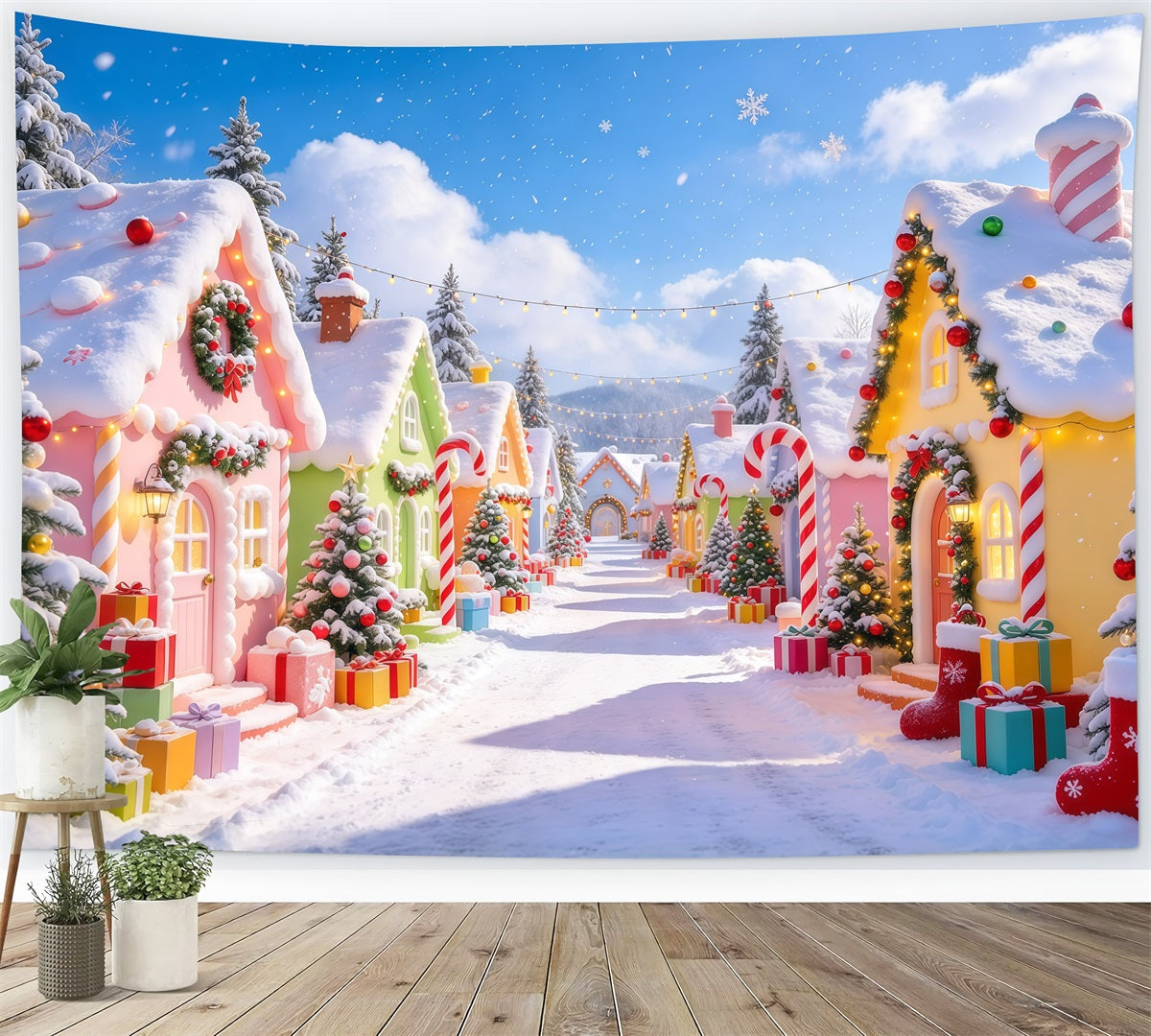 Fond De Village De Noël Cottage Bonbons Pastel Neige GQ610-31