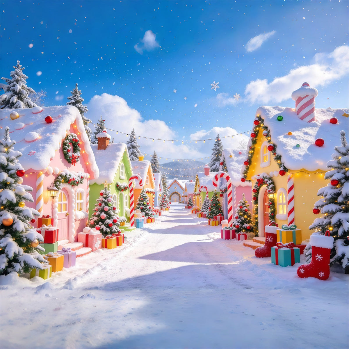 Fond De Village De Noël Cottage Bonbons Pastel Neige GQ610-31