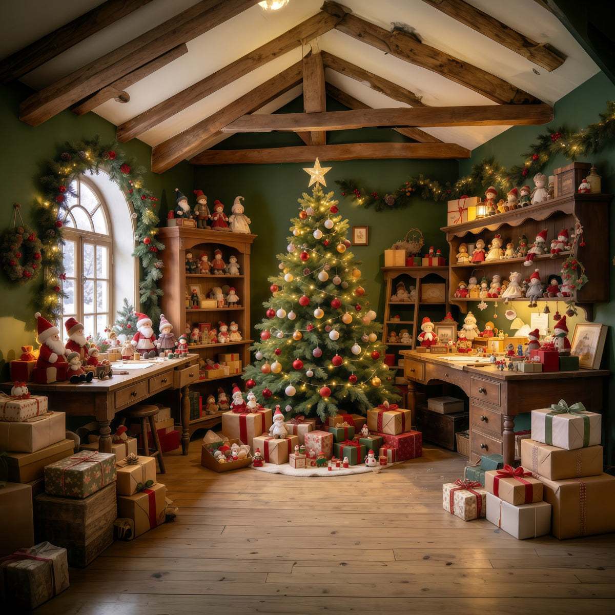 Fond Photo Atelier Père Noël Présentoir Jouets Rustiques GQ610-32
