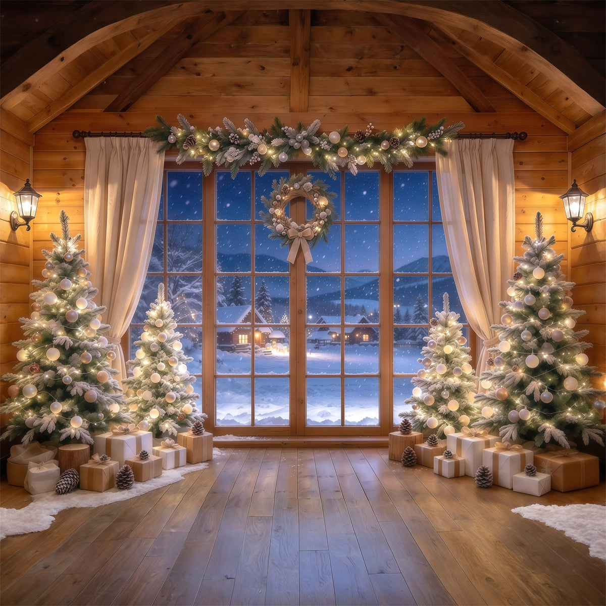 Fond Photo Père Noël Fenêtre Sapin Champagne GQ610-33