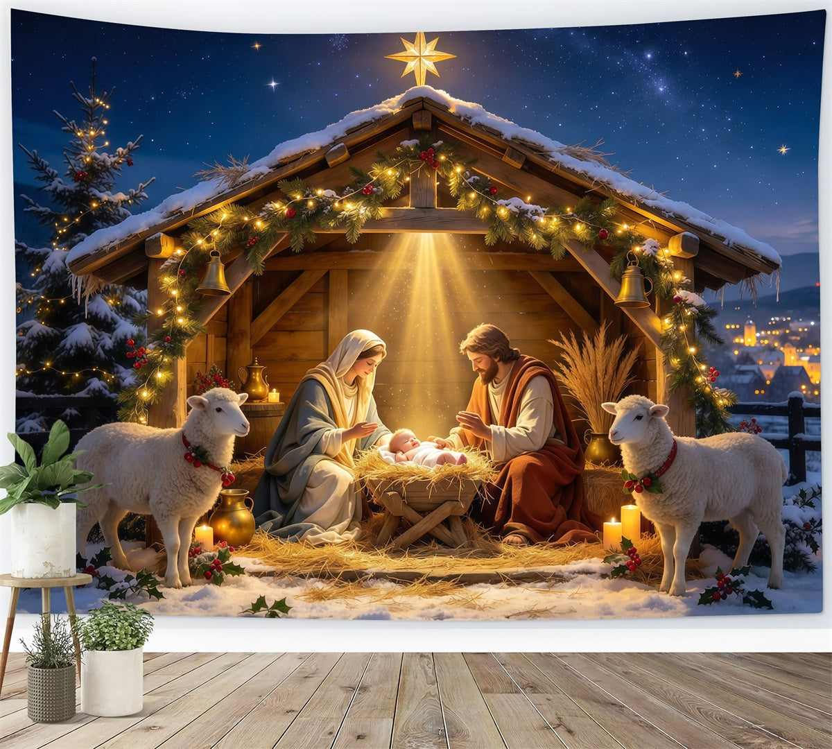 Fond De Crèche De Noël Étoile Dorée Étable Mangeoire GQ610-34