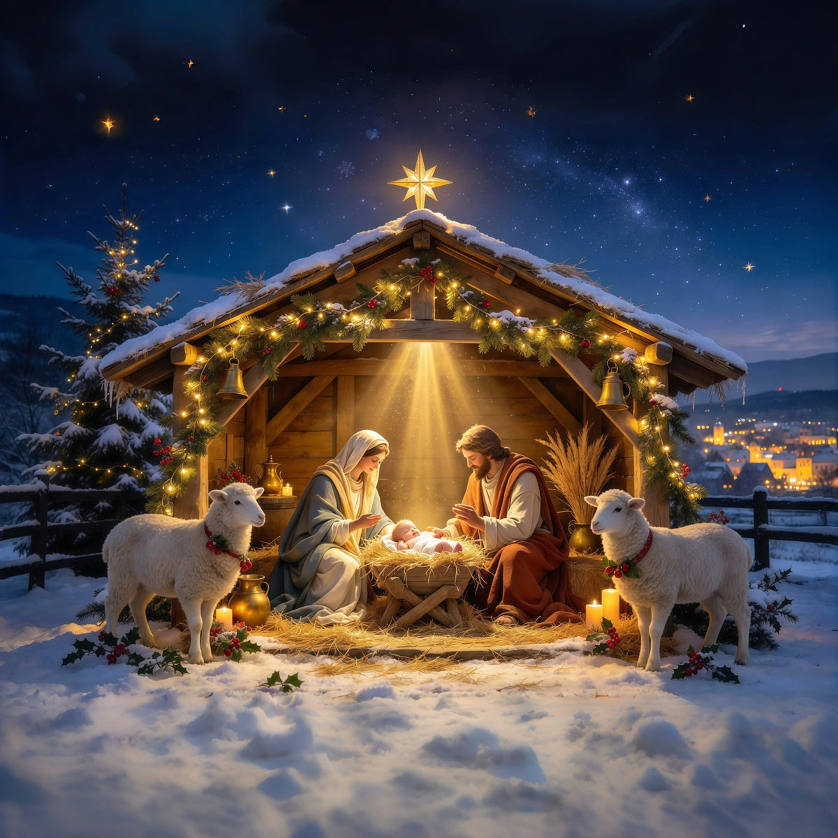 Fond De Crèche De Noël Étoile Dorée Étable Mangeoire GQ610-34