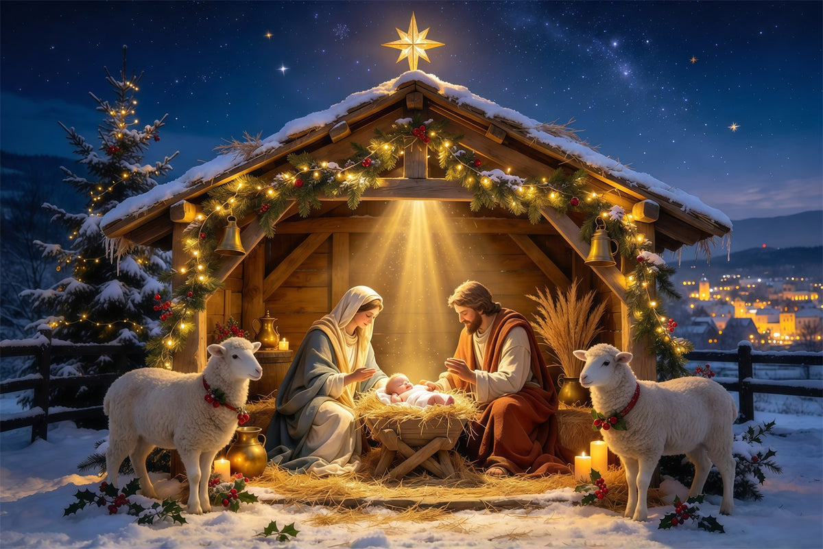 Fond De Crèche De Noël Étoile Dorée Étable Mangeoire GQ610-34