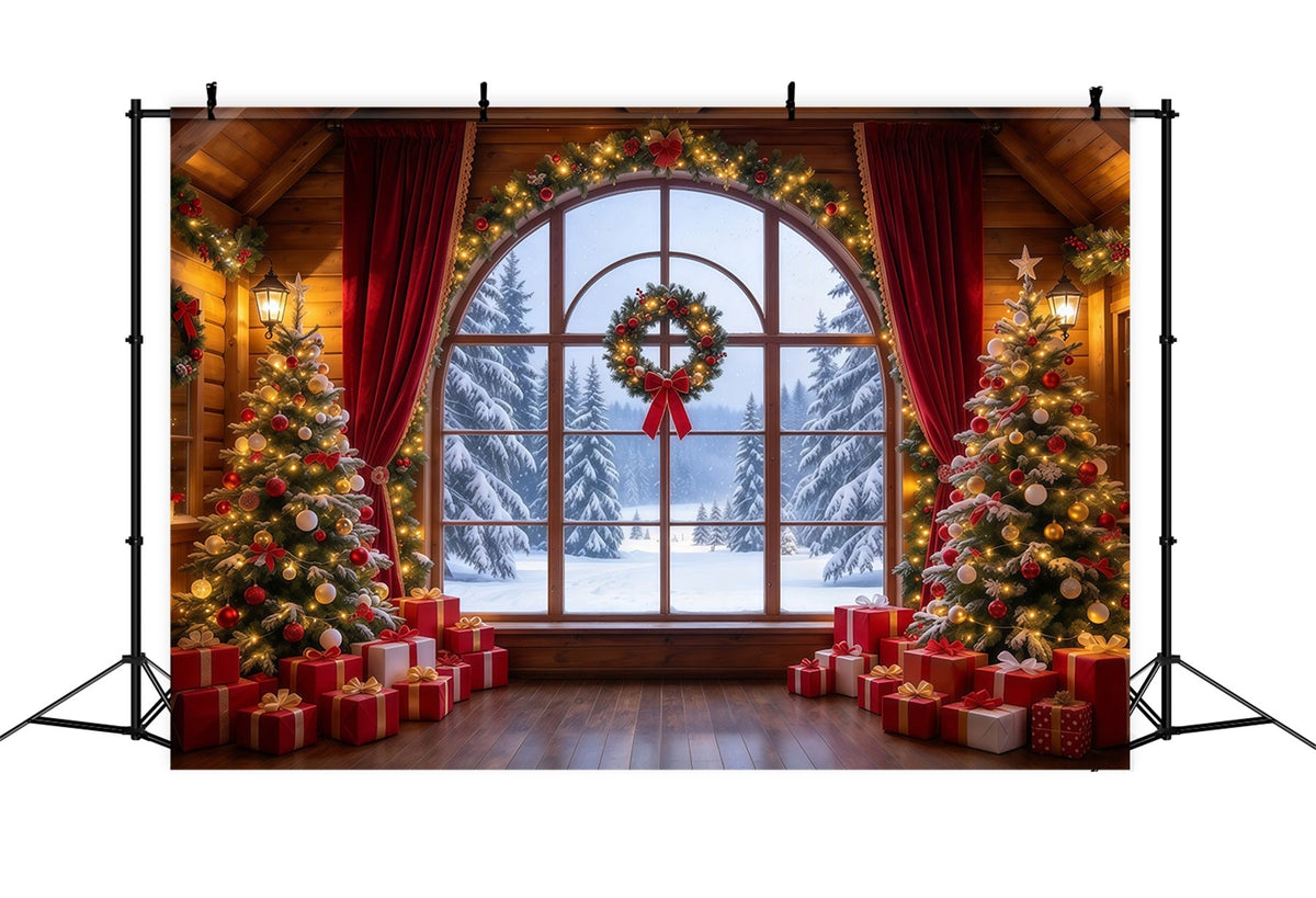 Fond De Noël Rideau Cramoisi Fenêtre Hivernale GQ610-35
