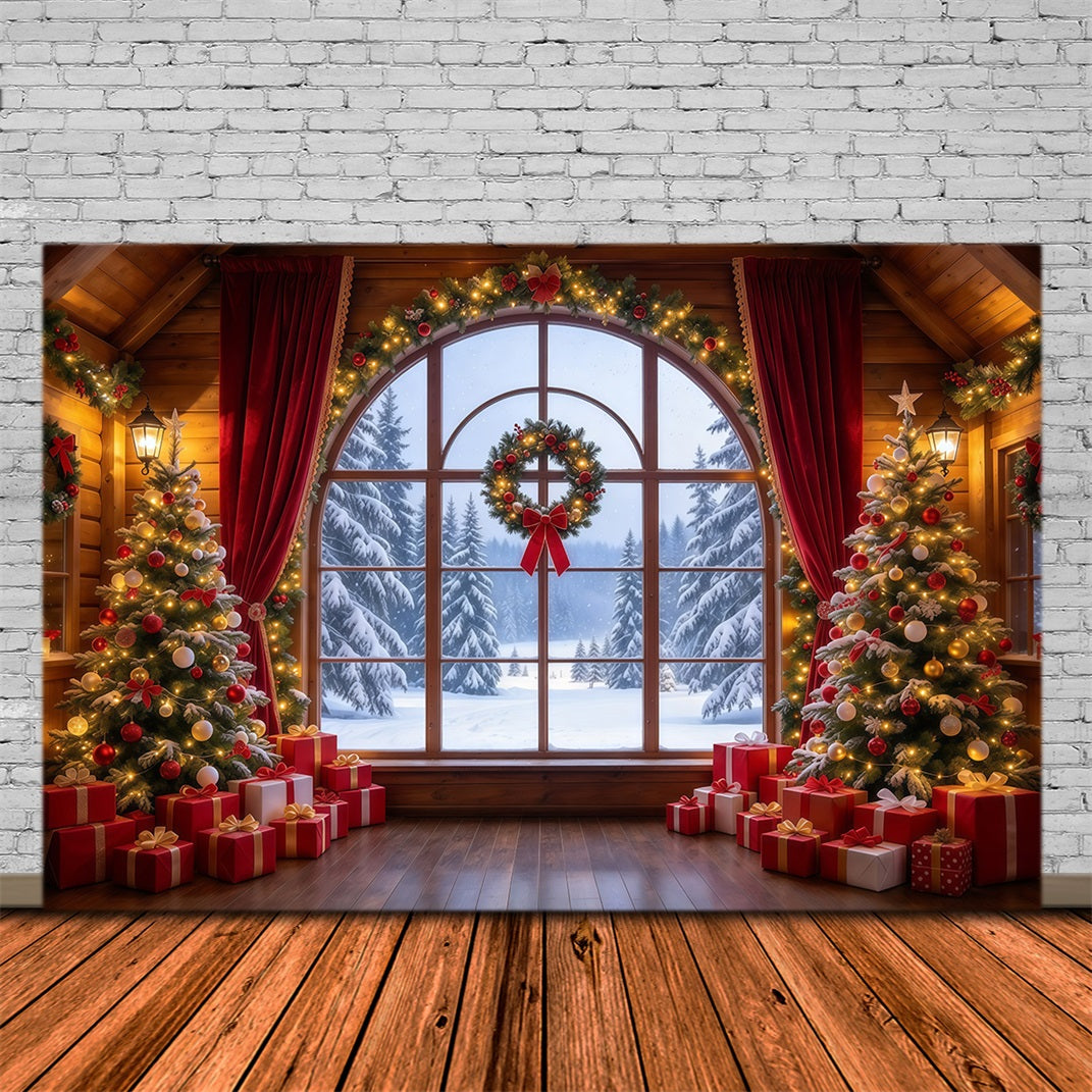 Fond De Noël Rideau Cramoisi Fenêtre Hivernale GQ610-35