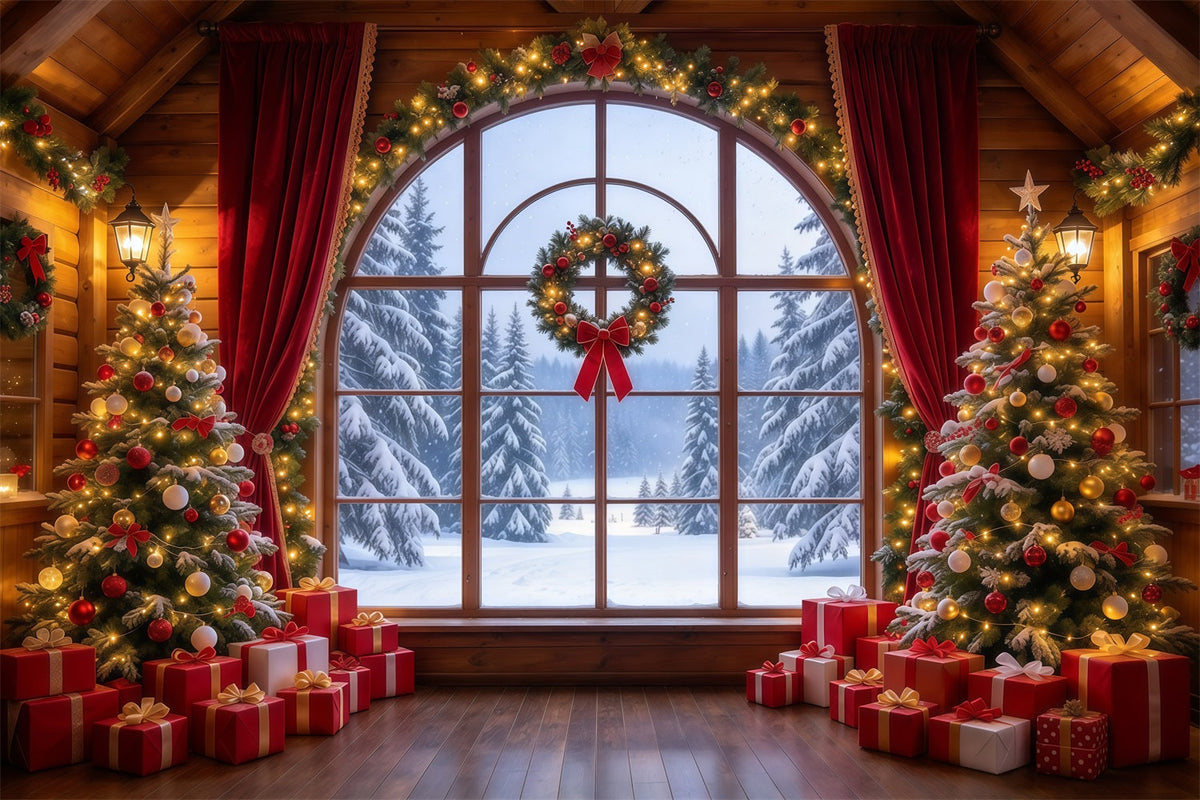 Fond De Noël Rideau Cramoisi Fenêtre Hivernale GQ610-35