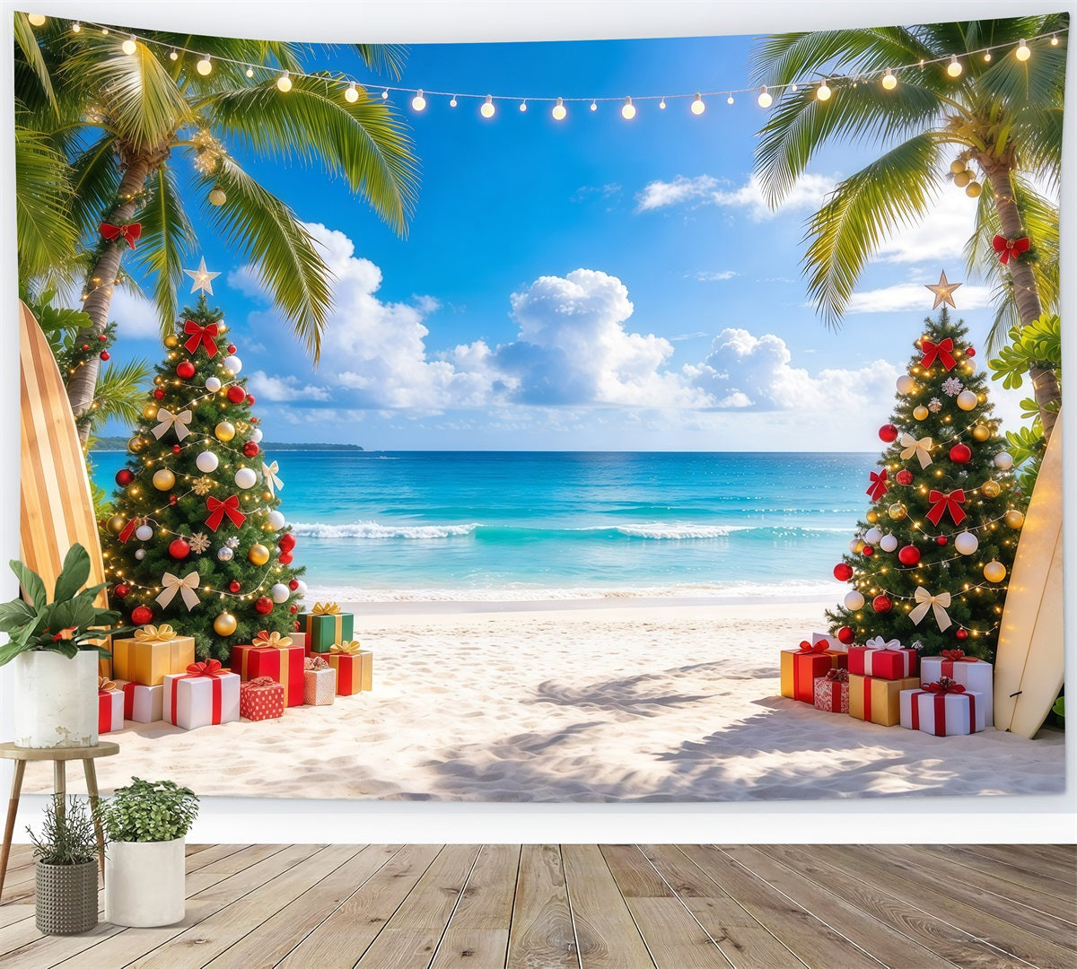Fond De Noël Tropical Plage Planche Surf Palmier GQ610-37