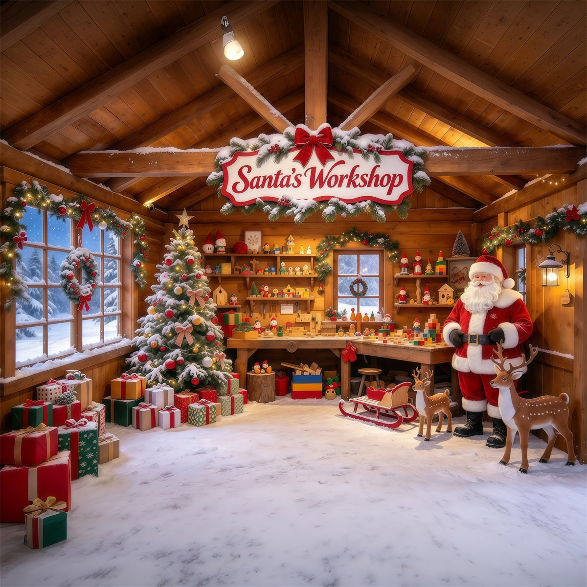 Fond Photo Atelier Père Noël Cabane Rustique Jouets GQ610-39