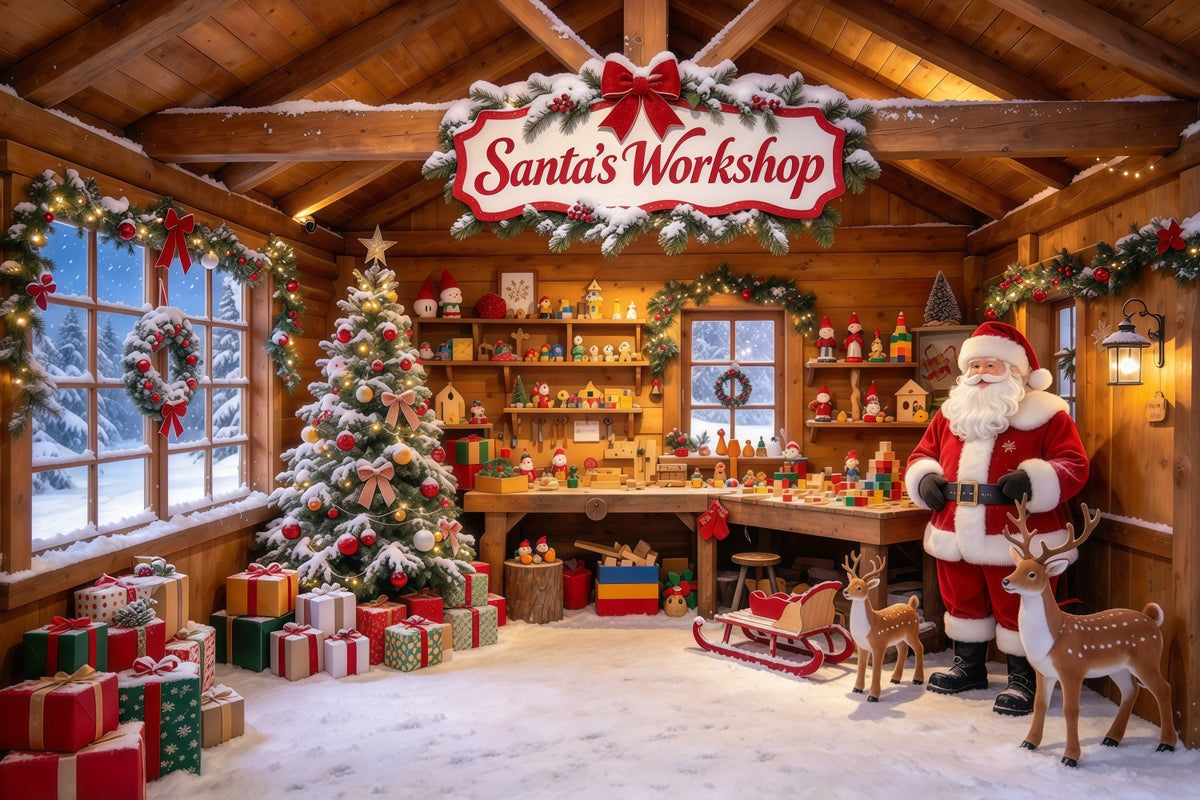 Fond Photo Atelier Père Noël Cabane Rustique Jouets GQ610-39