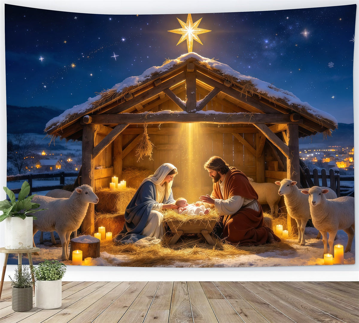 Fond De Crèche De Noël Étable Mangeoire Réunion Étoilée GQ610-4