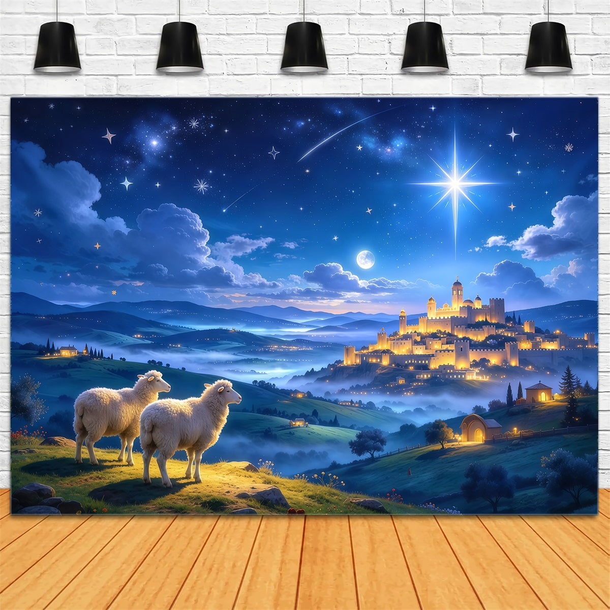 Fond De Crèche De Noël Château Étoilé Bergers Moutons GQ610-45