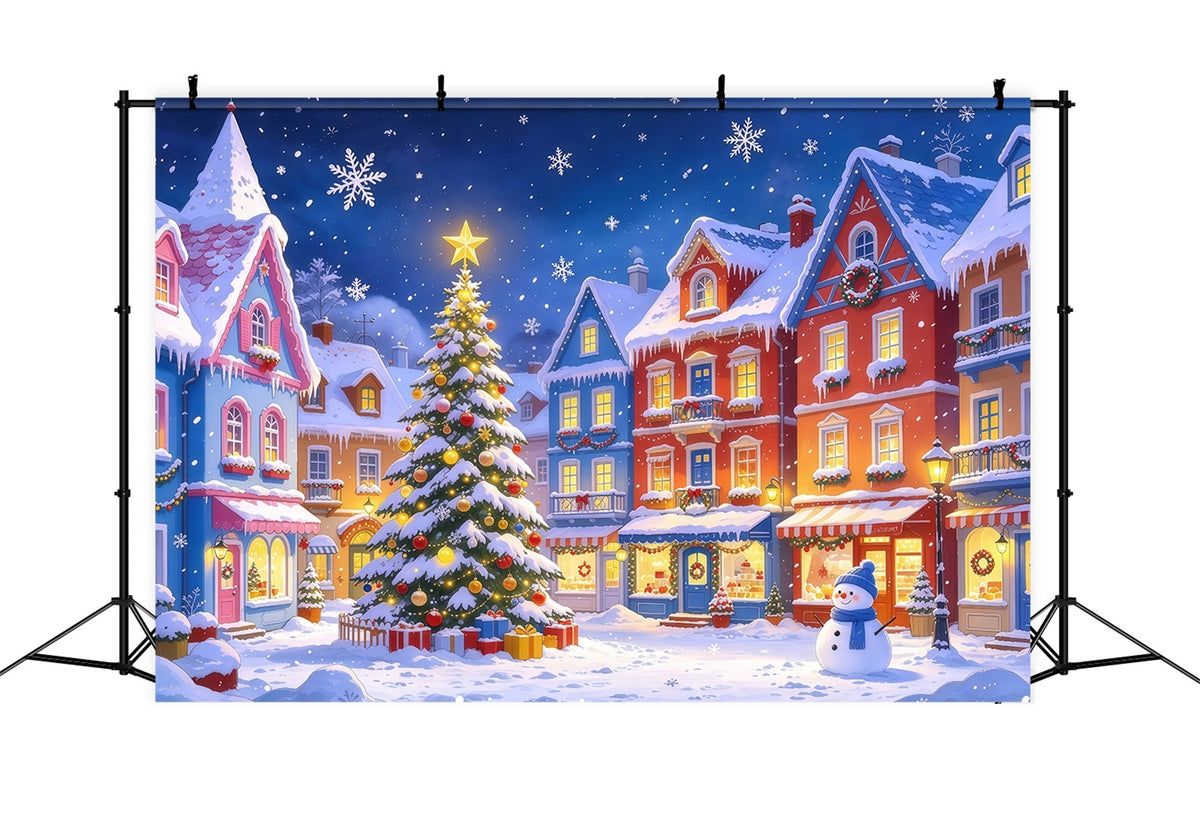 Fond De Ville De Noël Place Village Coloré Enneigé GQ610-47