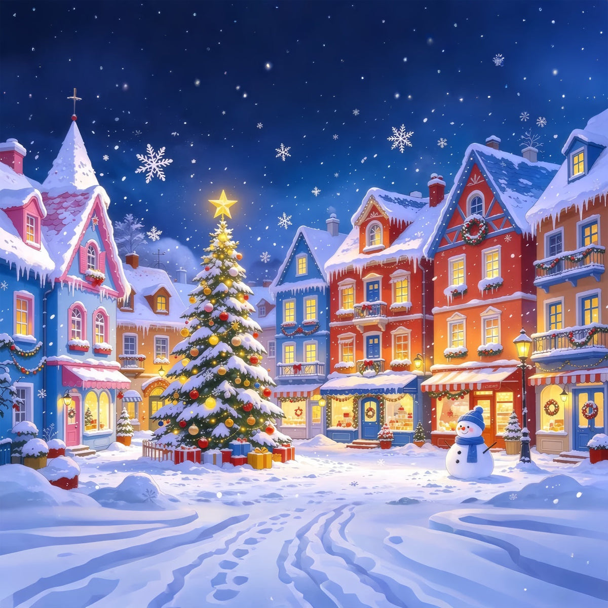 Fond De Ville De Noël Place Village Coloré Enneigé GQ610-47