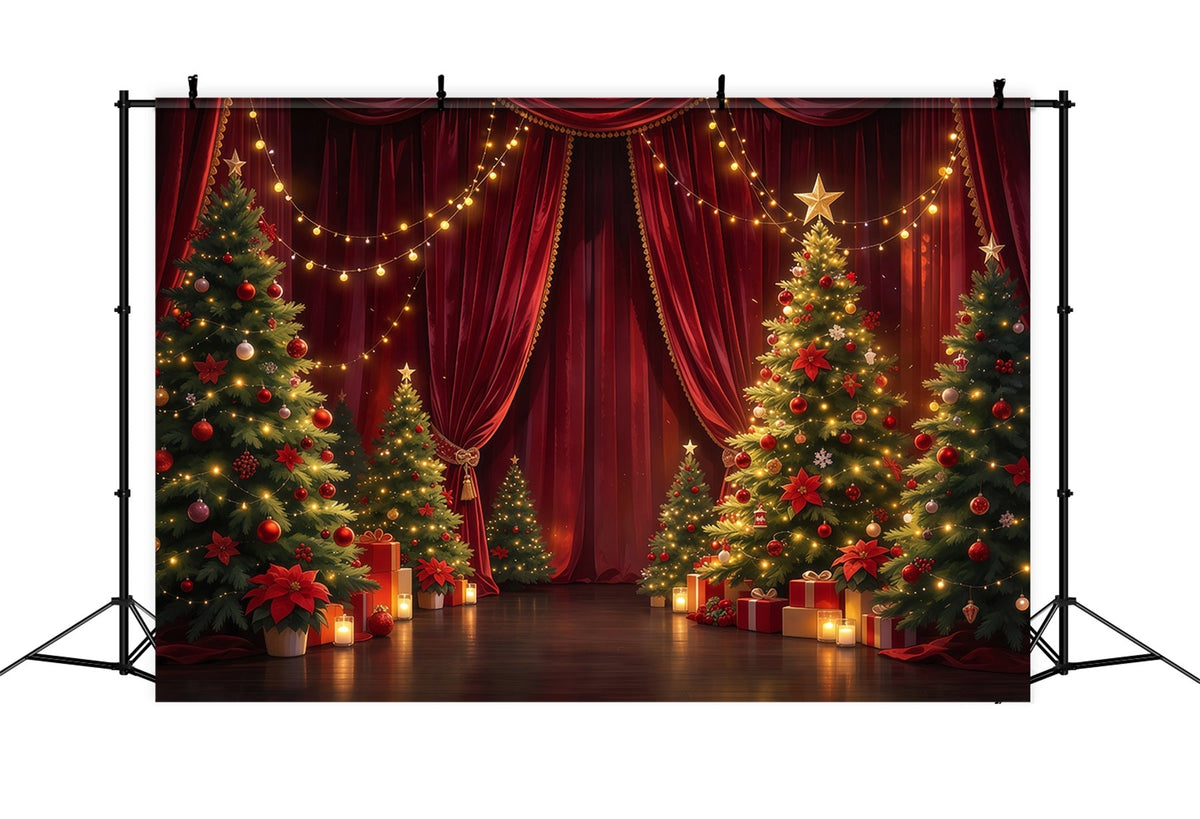 Fond Photo De Noël Scène Rideau Cramoisi Sapins GQ610-49