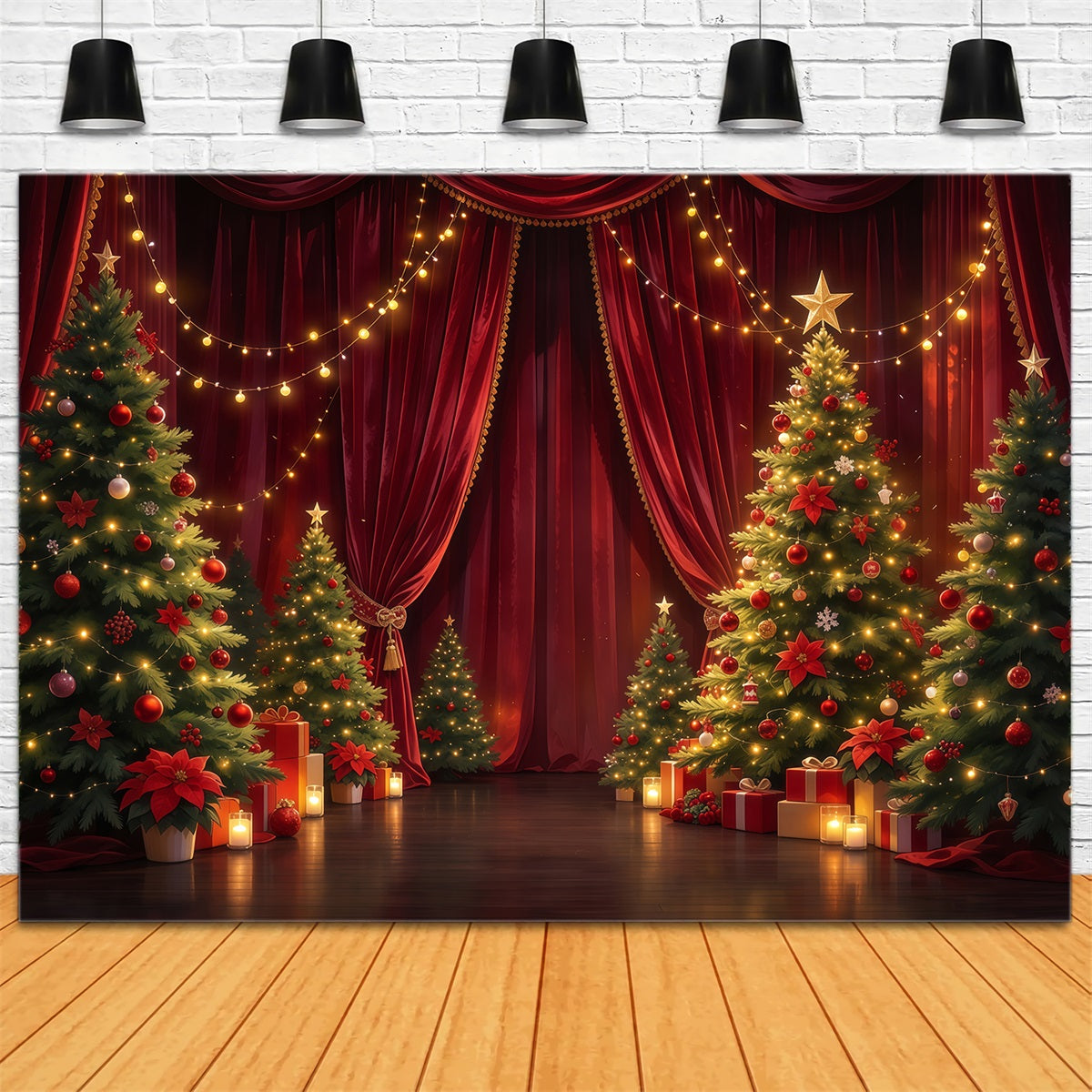 Fond Photo De Noël Scène Rideau Cramoisi Sapins GQ610-49