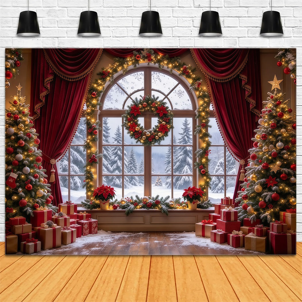 Fond De Noël Rideau Bordeaux Fenêtre Couronne GQ610-5