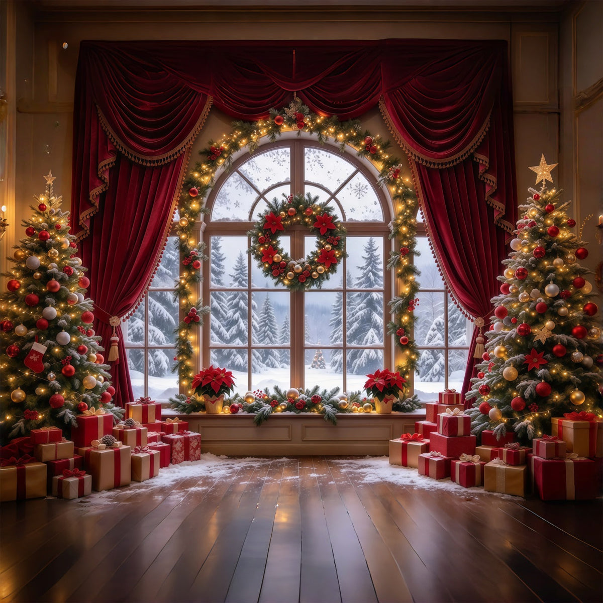 Fond De Noël Rideau Bordeaux Fenêtre Couronne GQ610-5