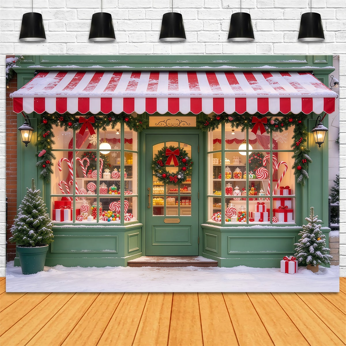 Fond De Noël Bonbons Sucrerie Verte Enneigée GQ610-50