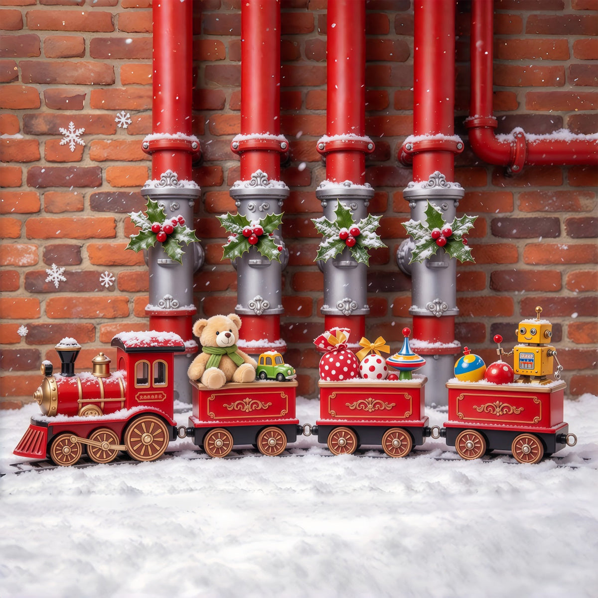 Fond Photo De Noël Train Jouet Houx Décoratif GQ610-52