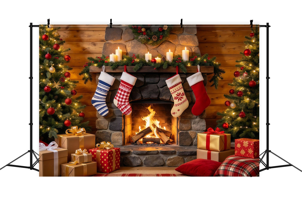 Fond Photo De Noël Cheminée Rustique Chaussettes GQ610-54