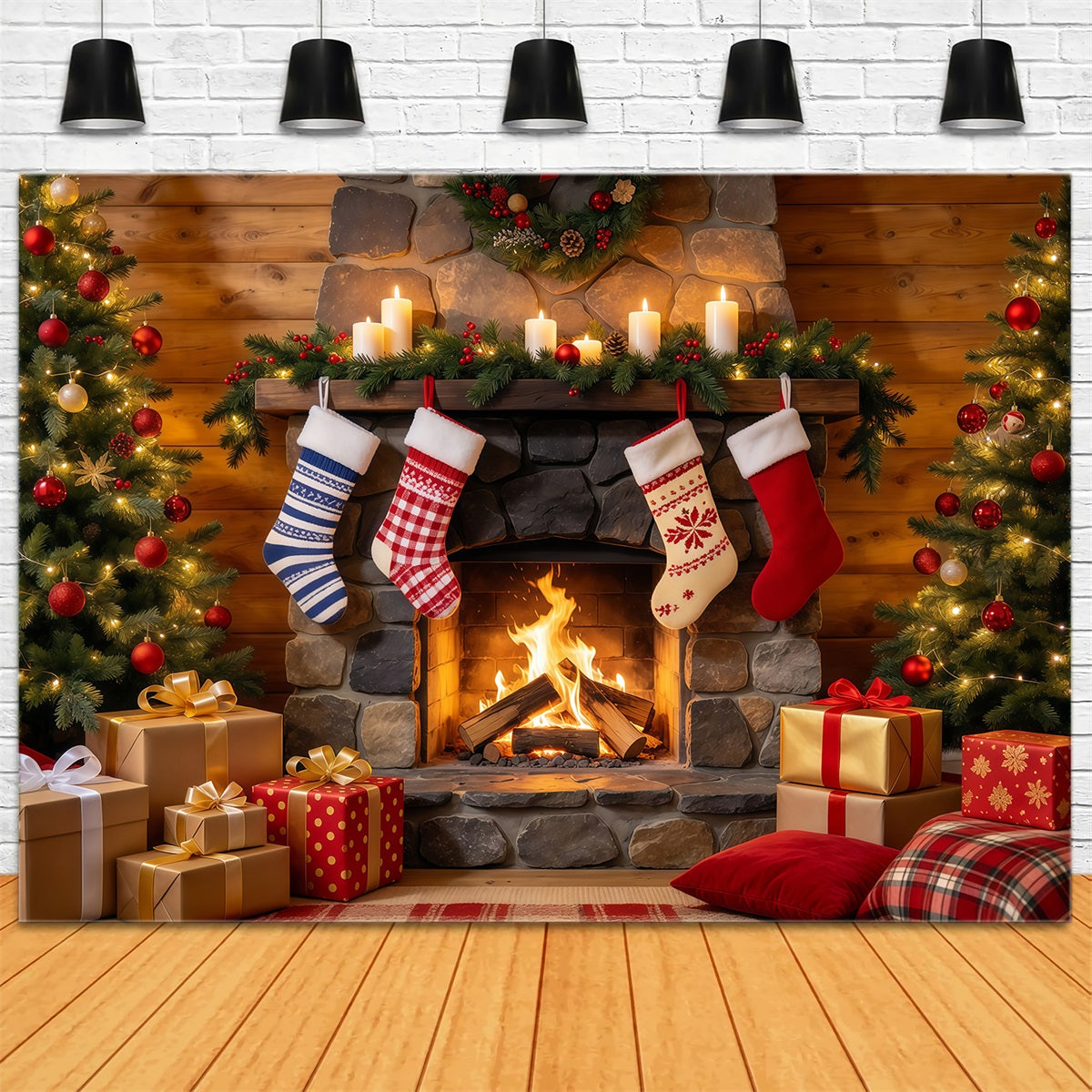 Fond Photo De Noël Cheminée Rustique Chaussettes GQ610-54