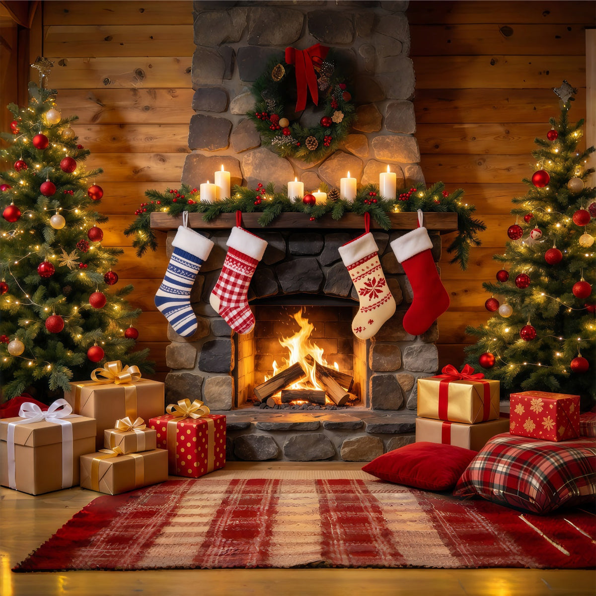 Fond Photo De Noël Cheminée Rustique Chaussettes GQ610-54