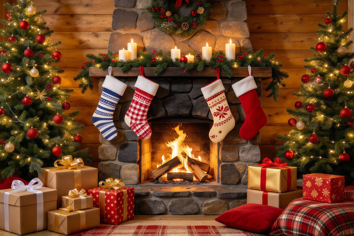 Fond Photo De Noël Cheminée Rustique Chaussettes GQ610-54