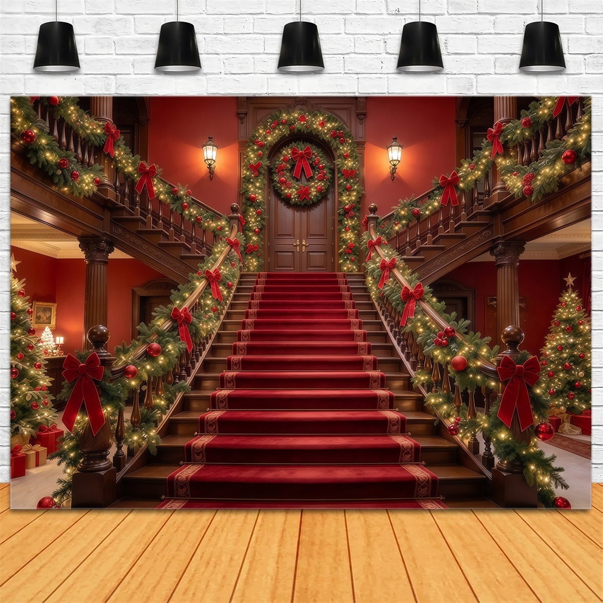 Fond De Noël Escalier Tapis Rouge Guirlande GQ610-55