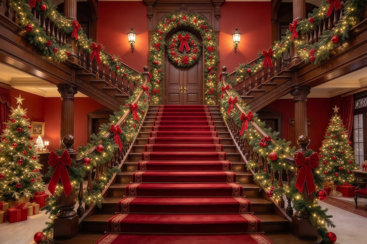Fond De Noël Escalier Tapis Rouge Guirlande GQ610-55