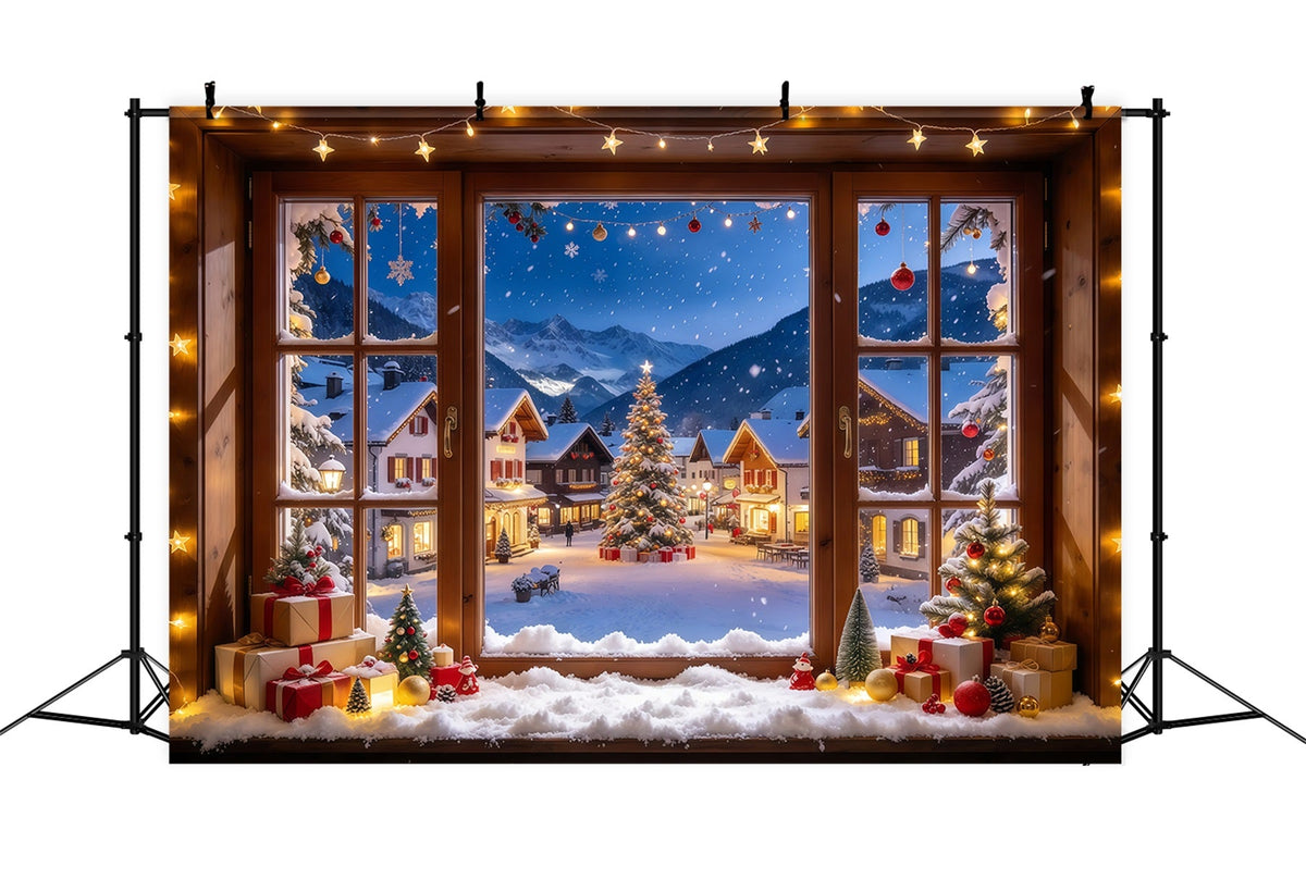 Fond De Noël Hiver Fenêtre Maison Alpine Enneigée GQ610-57