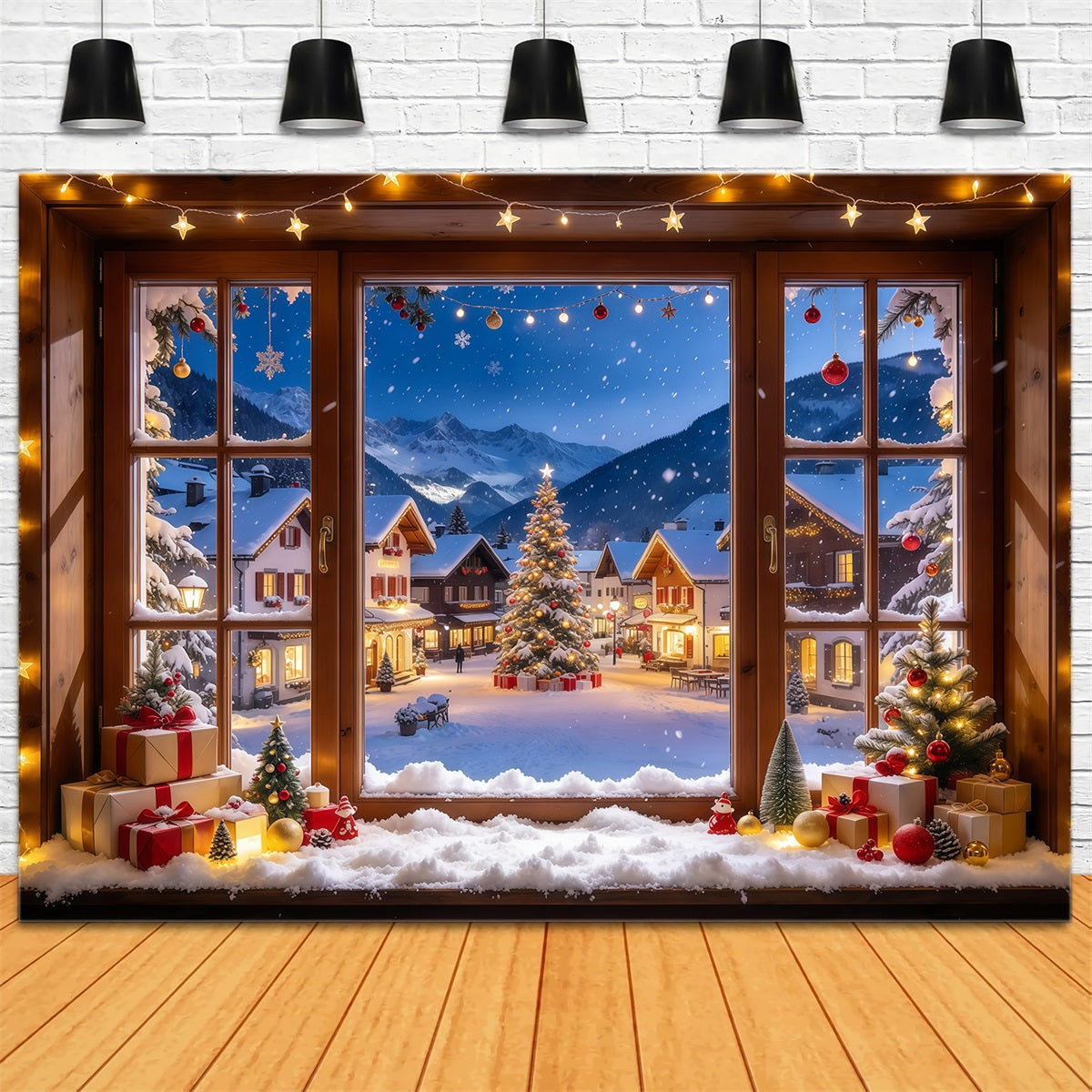Fond De Noël Hiver Fenêtre Maison Alpine Enneigée GQ610-57