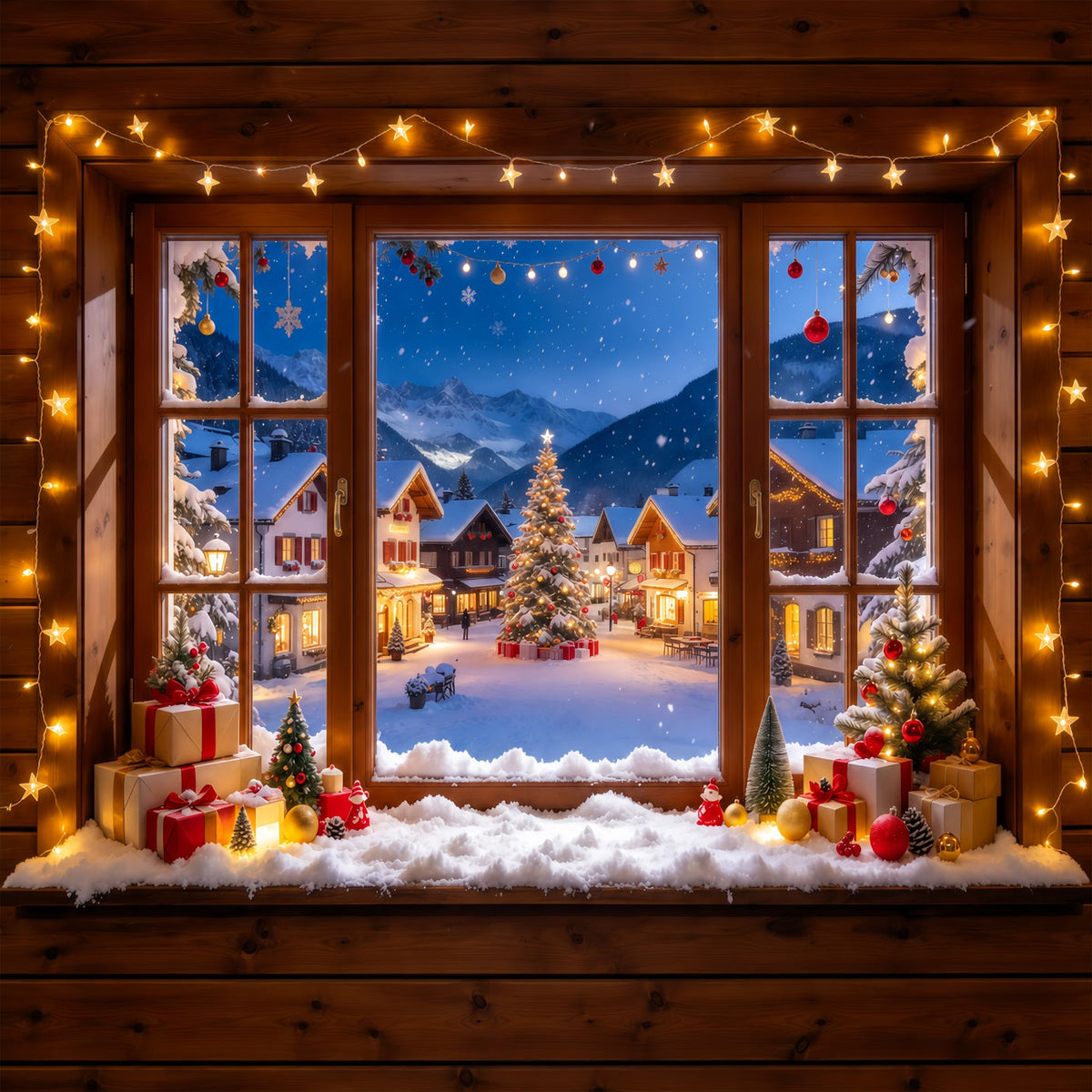 Fond De Noël Hiver Fenêtre Maison Alpine Enneigée GQ610-57
