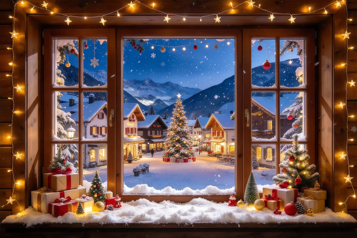 Fond De Noël Hiver Fenêtre Maison Alpine Enneigée GQ610-57