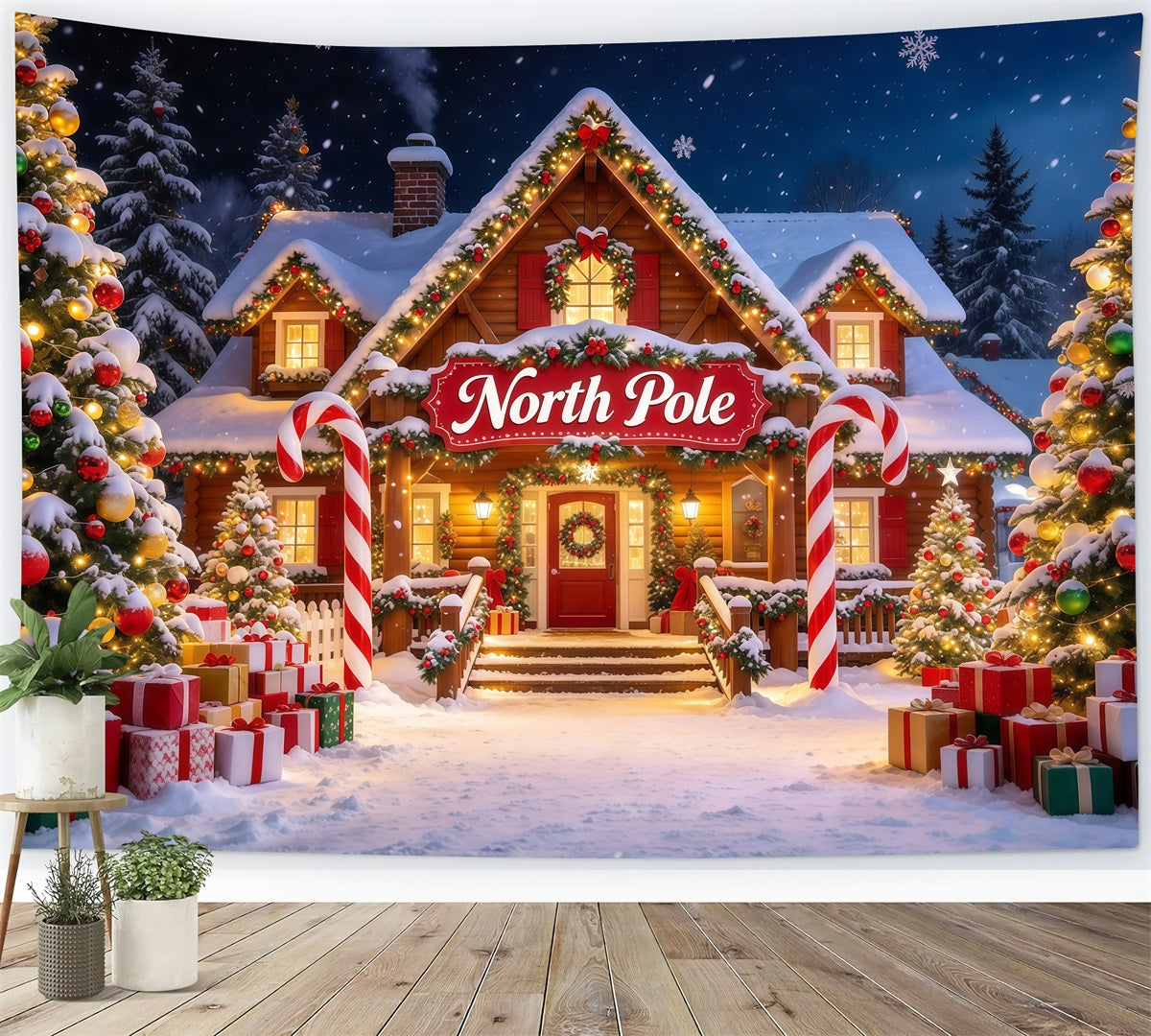 Fond Photo Pôle Nord Chalet Enneigé Arche Bonbons Sucre GQ610-6