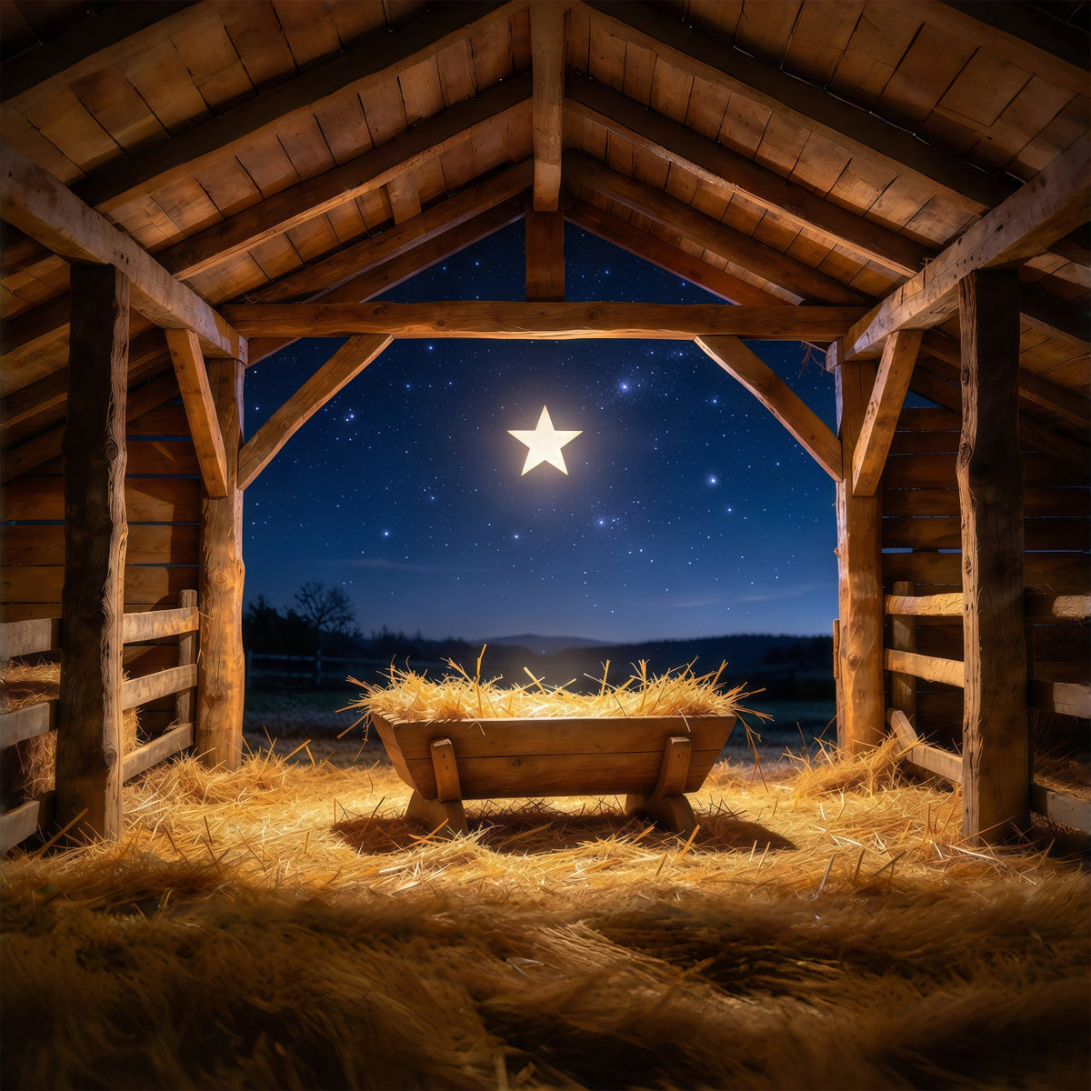 Fond De Crèche De Noël Nuit Étoilée Étable Mangeoire GQ610-61