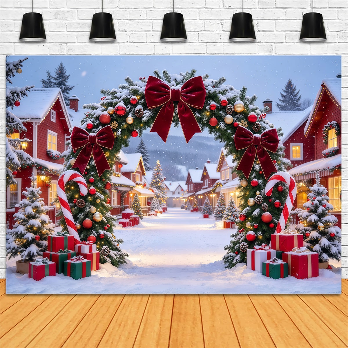 Fond De Village De Noël Arche Bonbons Sucre Nœud Bordeaux GQ610-62