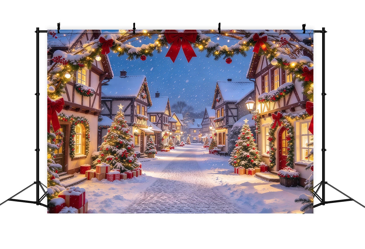 Fond De Village De Noël Arche Enneigée Nœud Rouge GQ610-64