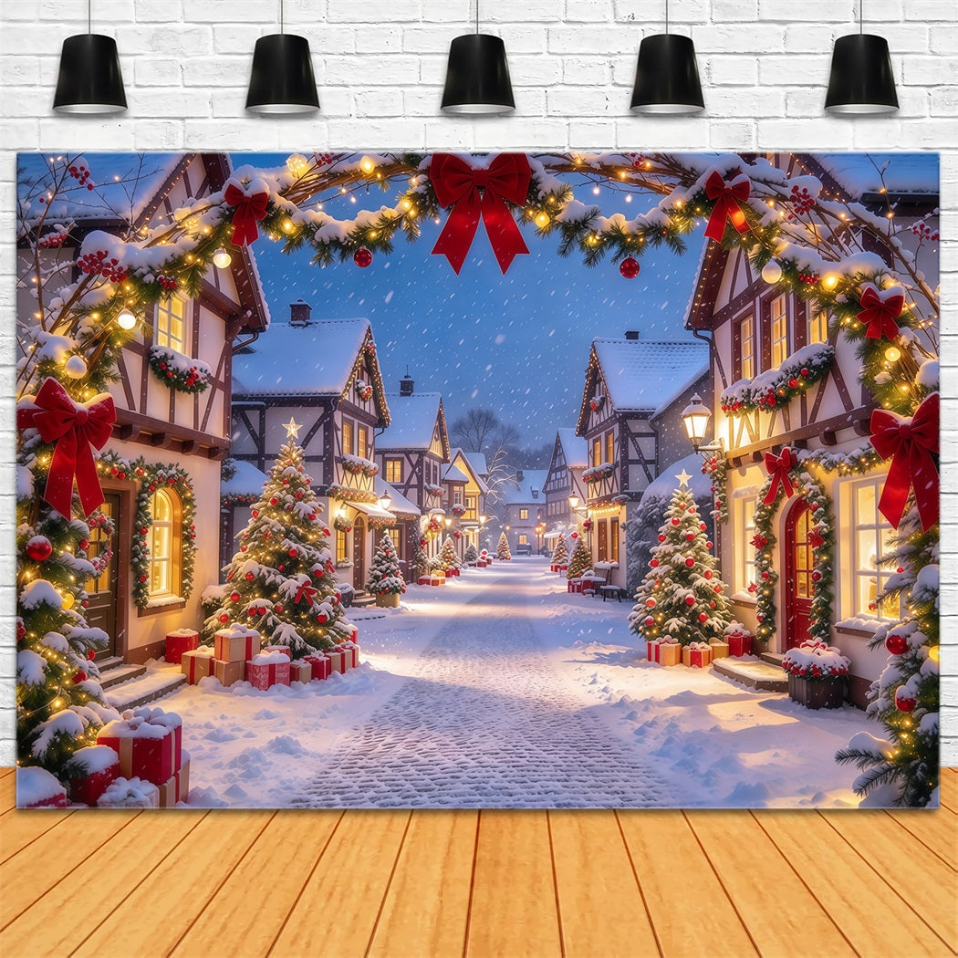 Fond De Village De Noël Arche Enneigée Nœud Rouge GQ610-64